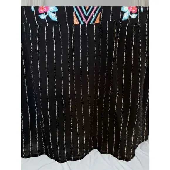 Savanna Jane Boho Embroidered Floral Blouse Black Metallic Stripe Peasant Top L - Picture 4 of 9